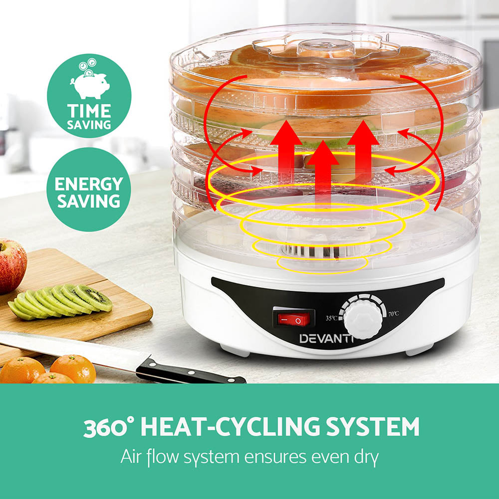 Devanti 5-Tray Food Dehydrator Fruit & Beef Jerky Dryer White