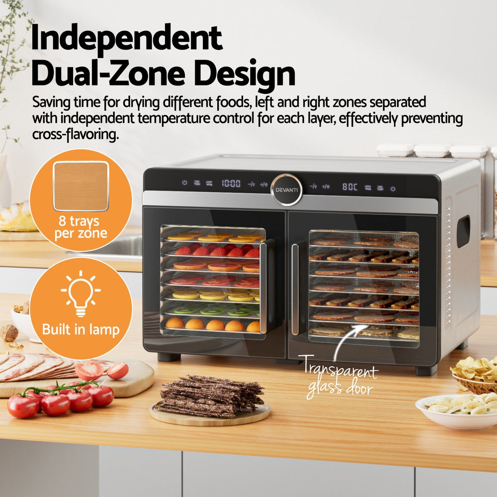 Devanti 16-Tray Dual-Zone Stainless Steel Food Dehydrator Fruit & Jerky Dryer