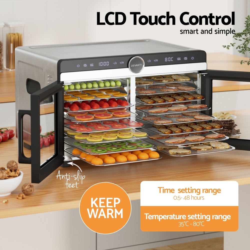 Devanti 16-Tray Dual-Zone Stainless Steel Food Dehydrator Fruit & Jerky Dryer