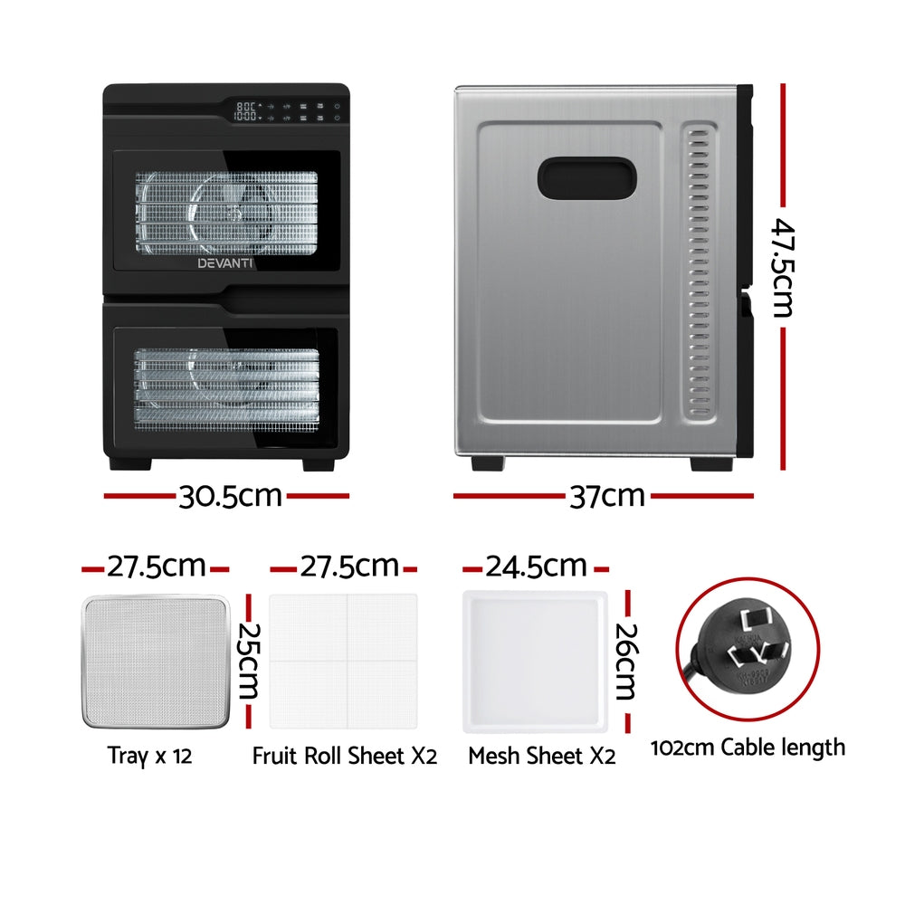 Devanti 12-Tray Dual-Zone Stainless Steel Food Dehydrator Fruit & Jerky Dryer