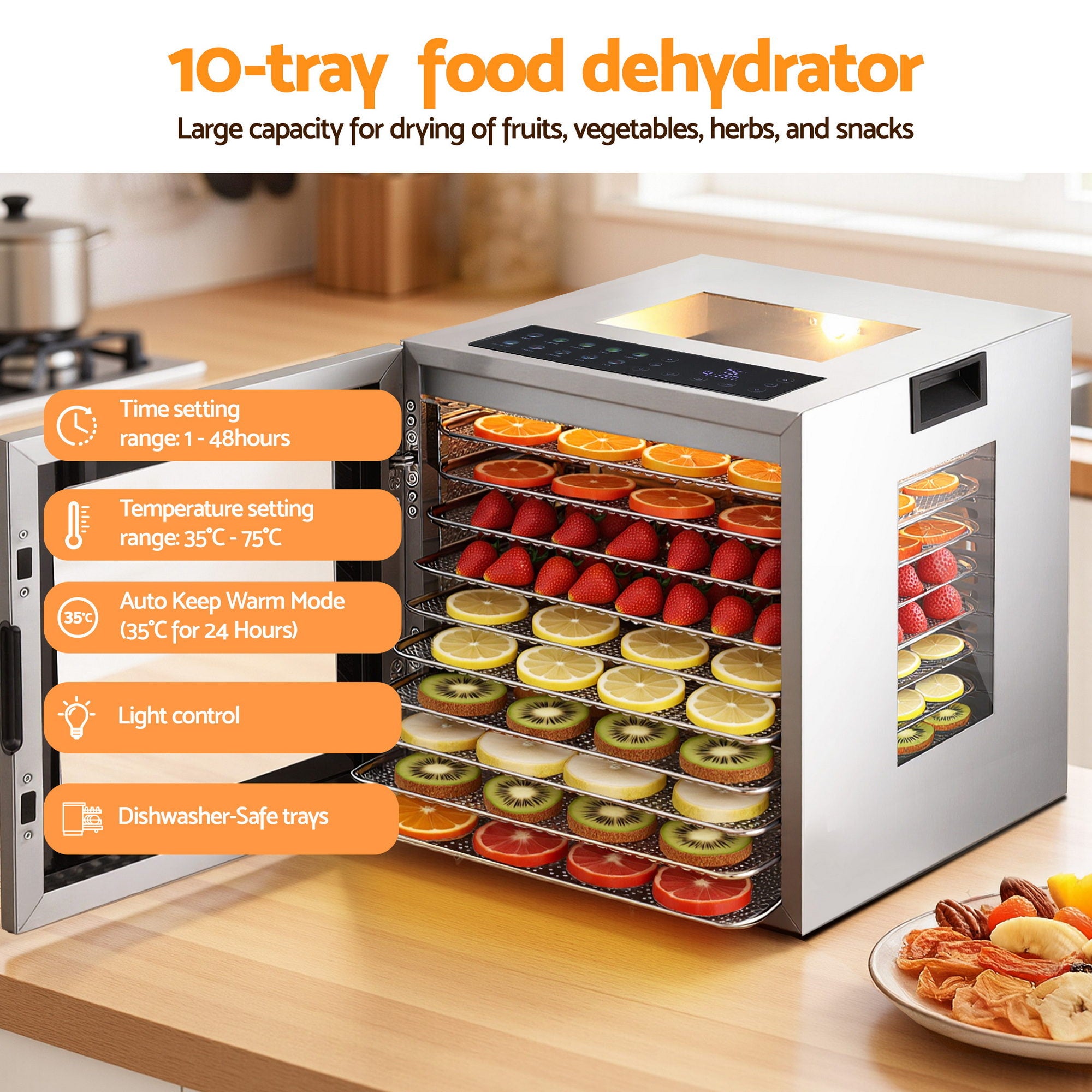 Devanti 10-Tray Stainless Steel Food Dehydrator with Glass Door & Preset Programs