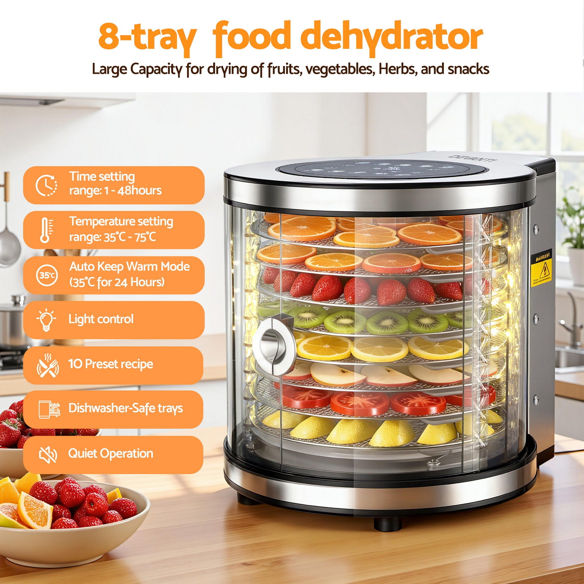 Devanti 8-Tray Stainless Steel Food Dehydrator Auto-Rotate with Preset Programs