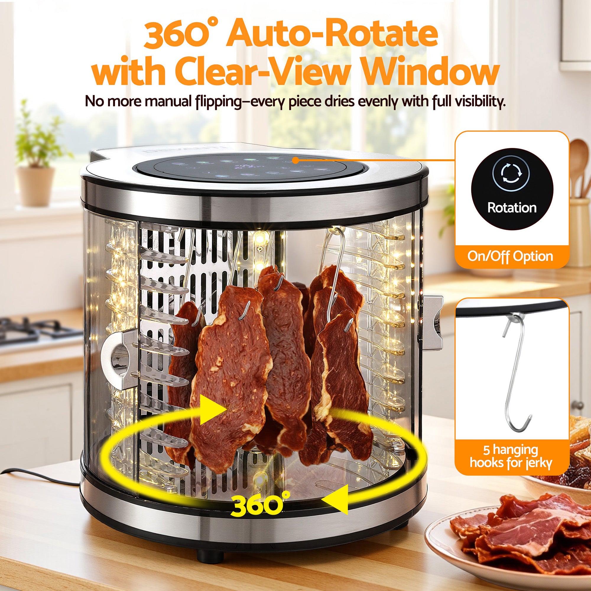 Devanti 8-Tray Stainless Steel Food Dehydrator Auto-Rotate with Preset Programs