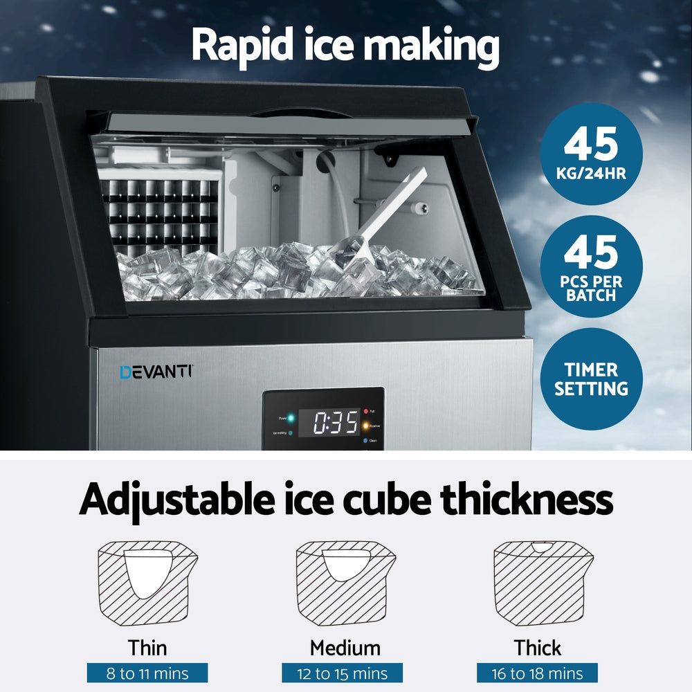 Devanti Commercial Ice Maker – 45kg Daily Output, Cubed Ice, Stainless Steel