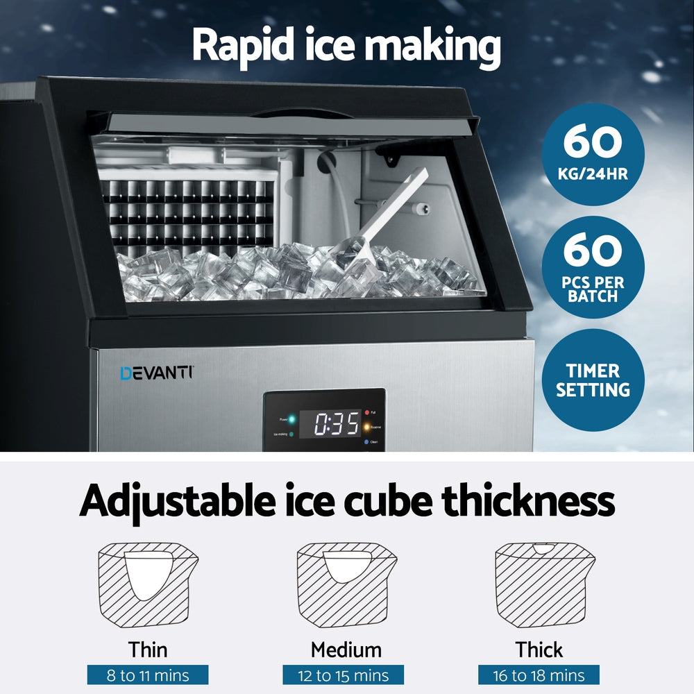 Devanti Commercial Ice Maker – 60kg Daily Output, Cubed Ice, Stainless Steel