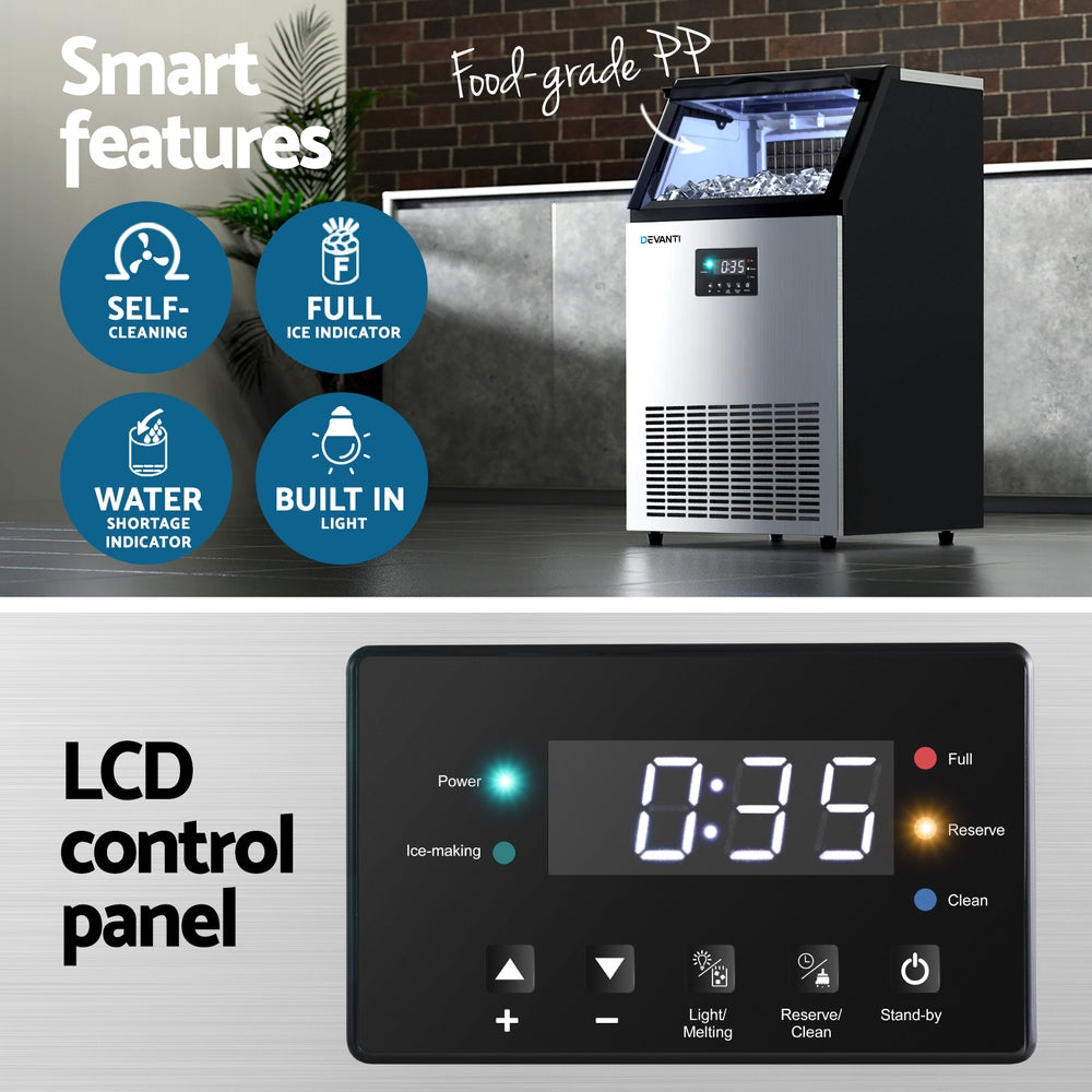 Devanti Commercial Ice Maker – 60kg Daily Output, Cubed Ice, Stainless Steel