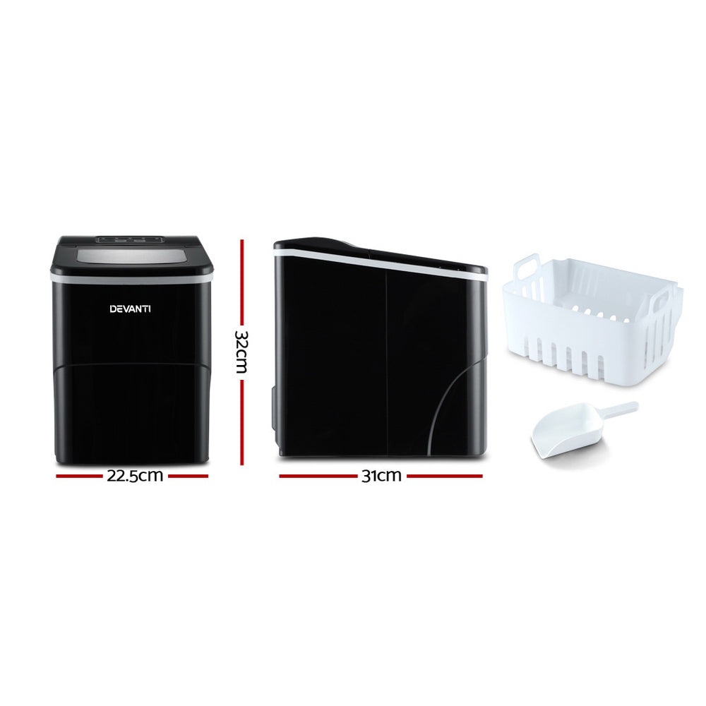 Devanti Portable Ice Maker – 12kg Daily Output, 2L Water Tank, Black