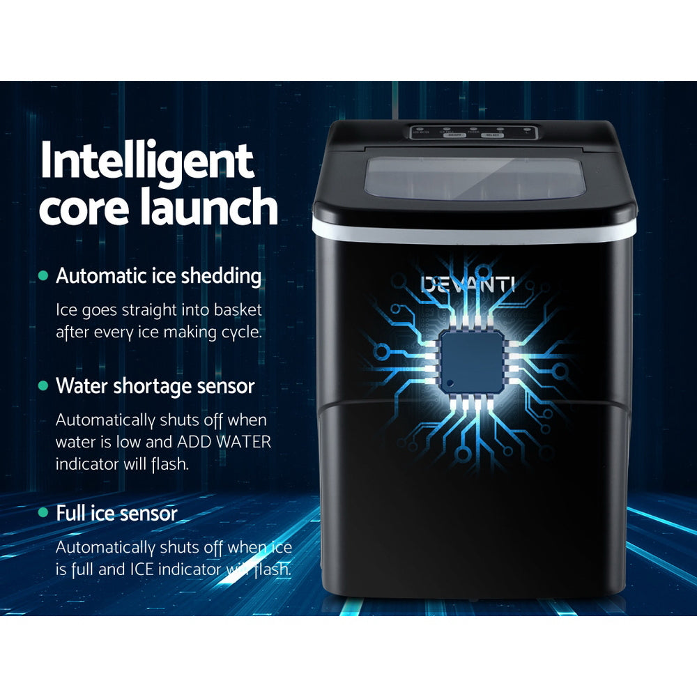 Devanti Portable Ice Maker – 12kg Daily Output, 2L Water Tank, Black