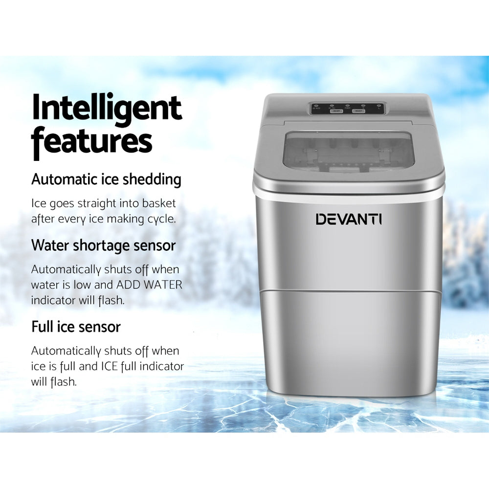 Devanti Portable Ice Maker – 12kg Daily Output, Silver