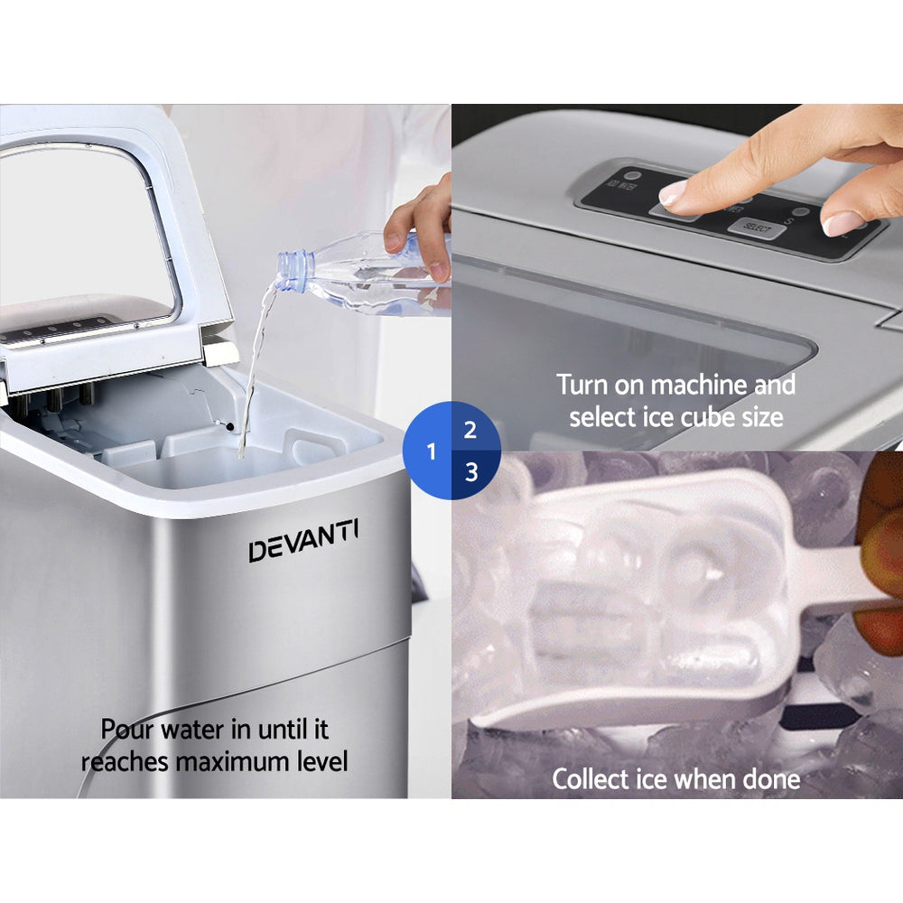 Devanti Portable Ice Maker – 12kg Daily Output, Silver
