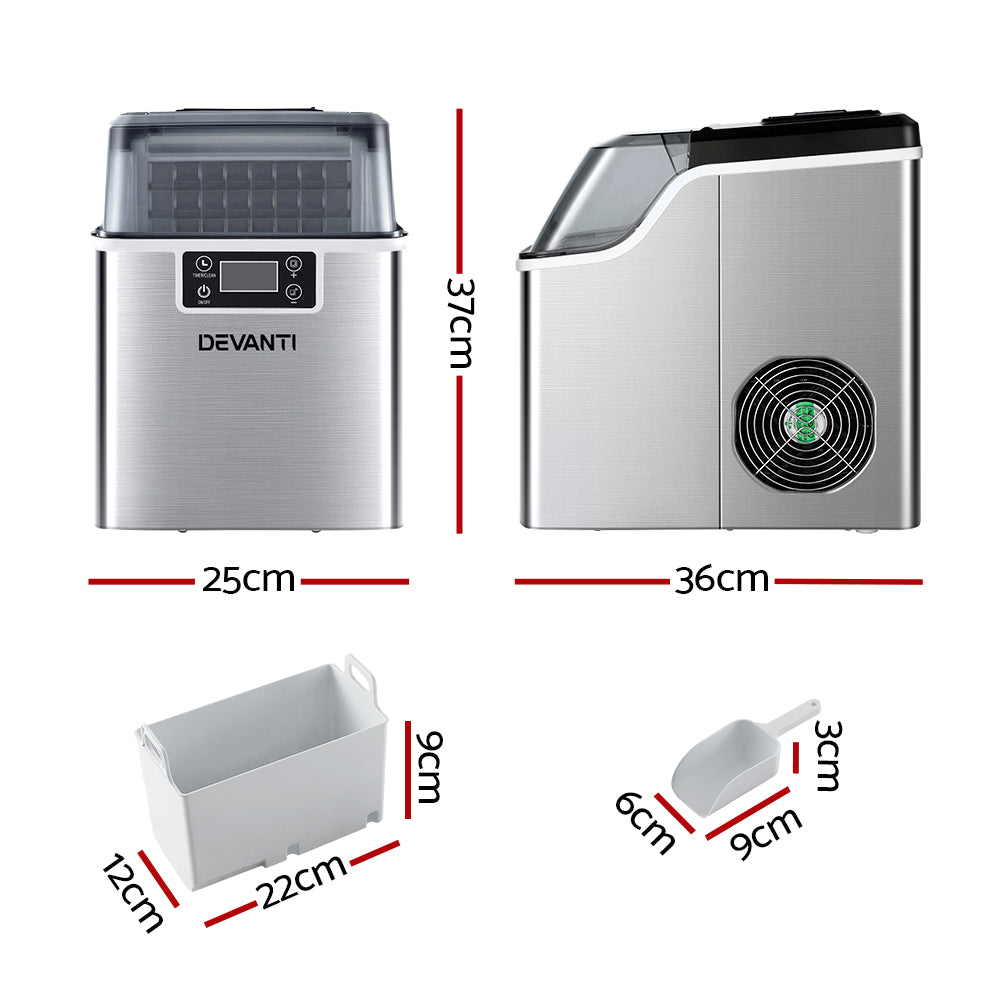Devanti Portable Ice Maker – 20kg Daily Output, Cubed Ice, Stainless Steel