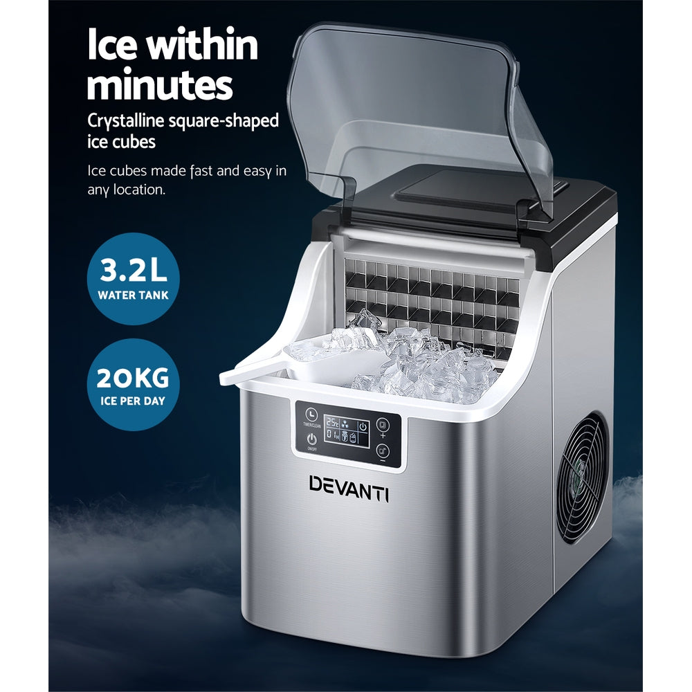 Devanti Portable Ice Maker – 20kg Daily Output, Cubed Ice, Stainless Steel