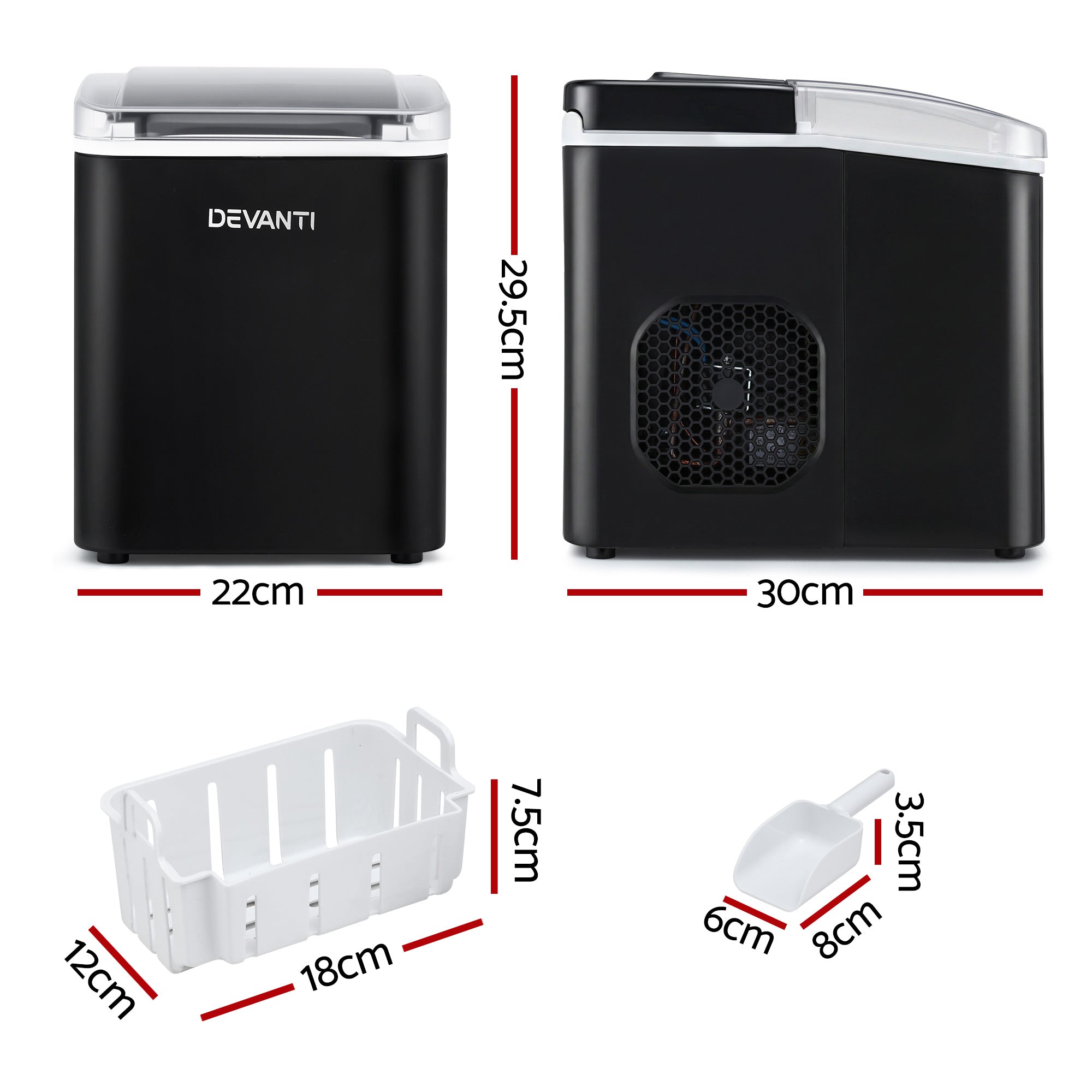 Devanti Portable Ice Maker – 12kg Daily Output, Self-Cleaning, Black