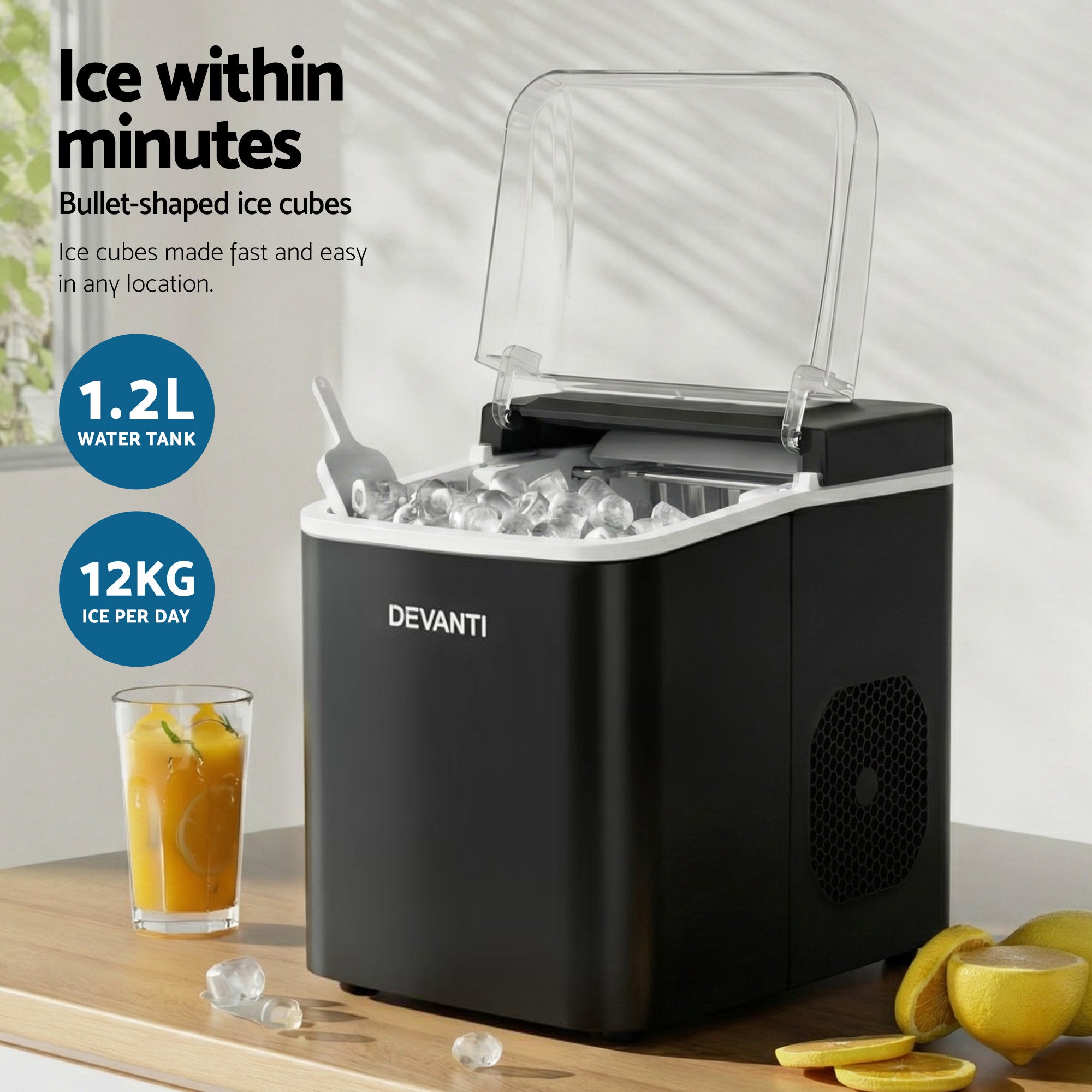 Devanti Portable Ice Maker – 12kg Daily Output, Self-Cleaning, Black