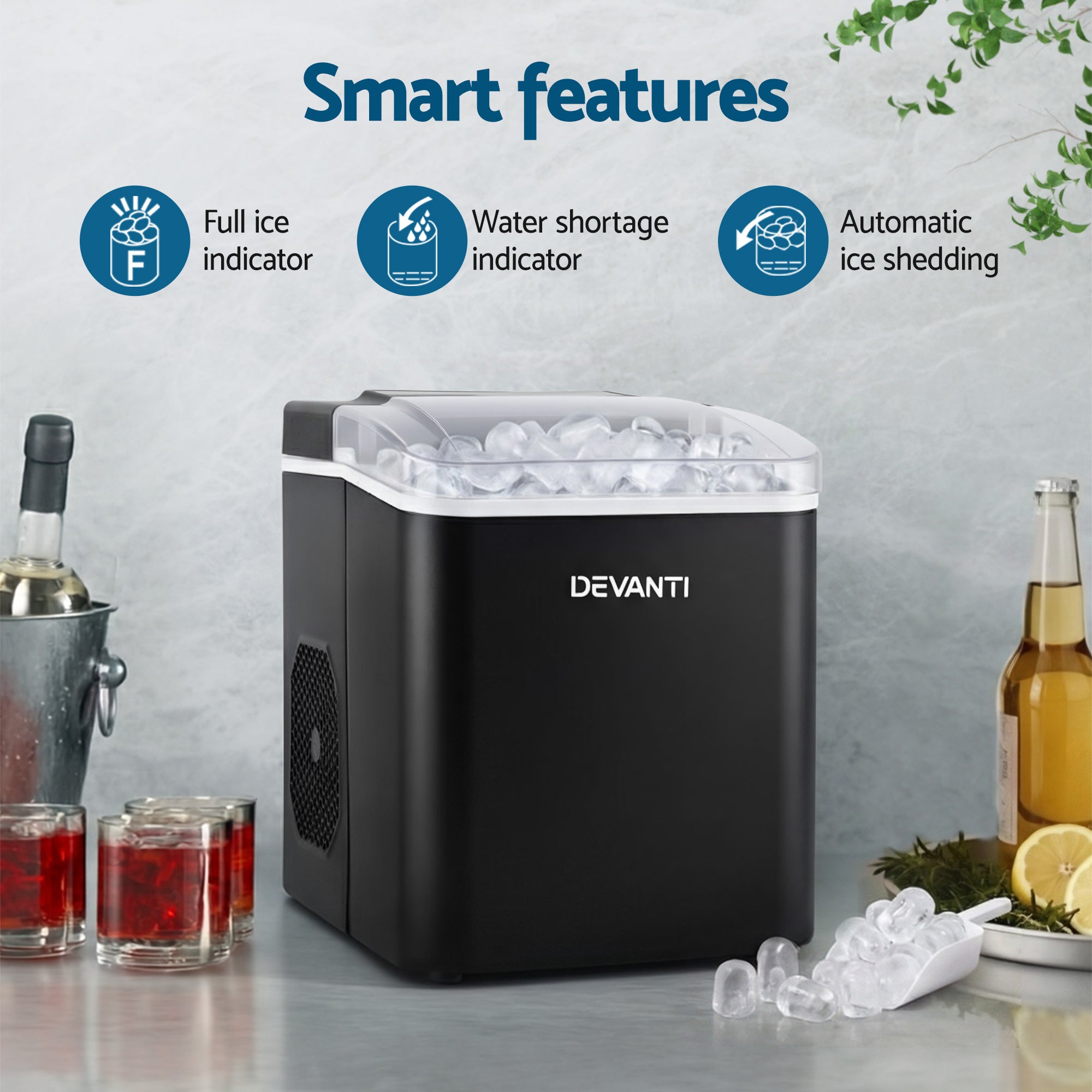 Devanti Portable Ice Maker – 12kg Daily Output, Self-Cleaning, Black