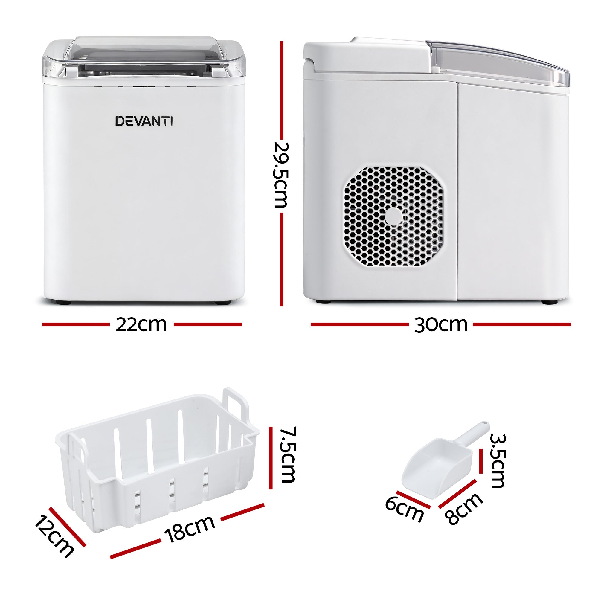 Devanti Portable Ice Maker – 12kg Daily Output, Self-Cleaning, White