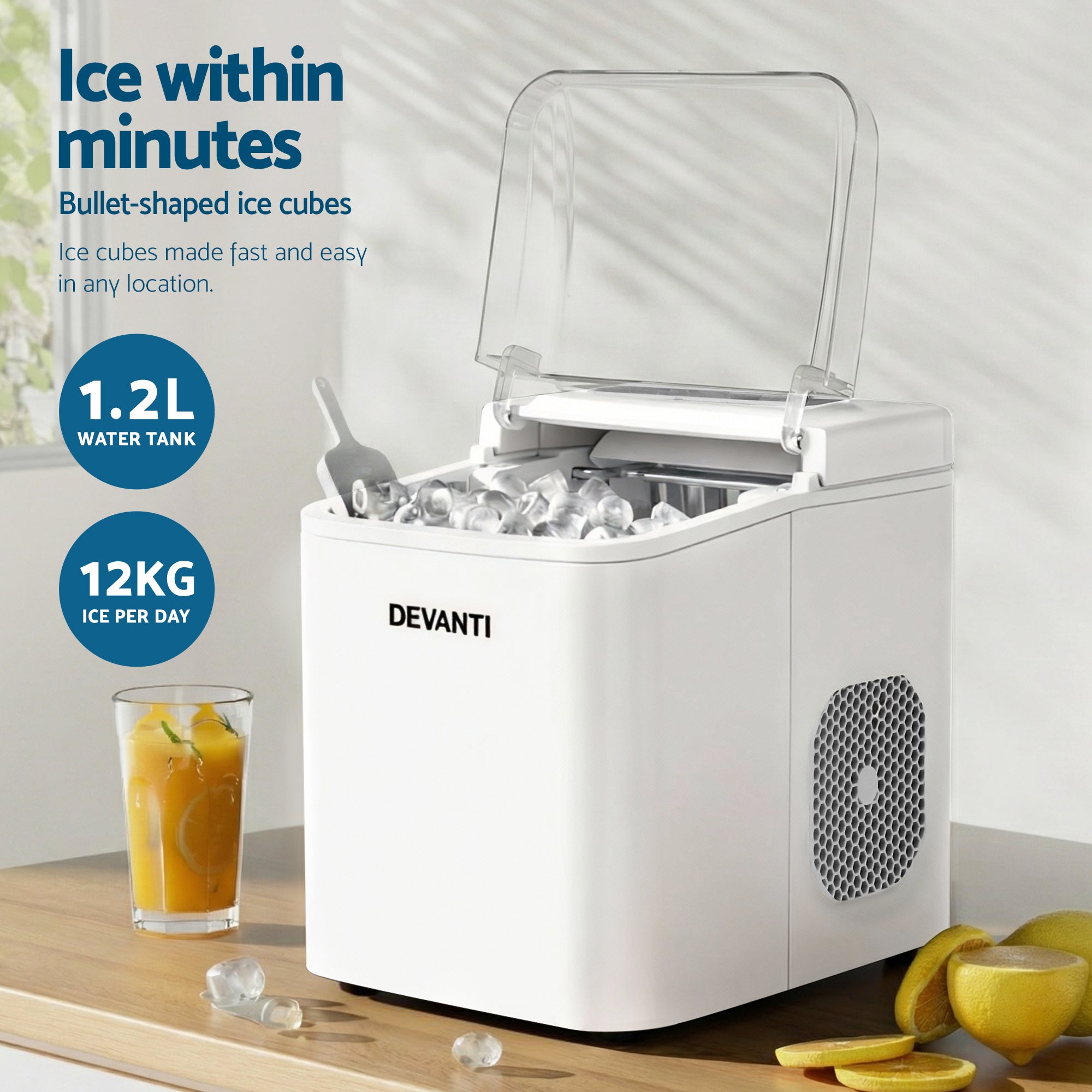 Devanti Portable Ice Maker – 12kg Daily Output, Self-Cleaning, White