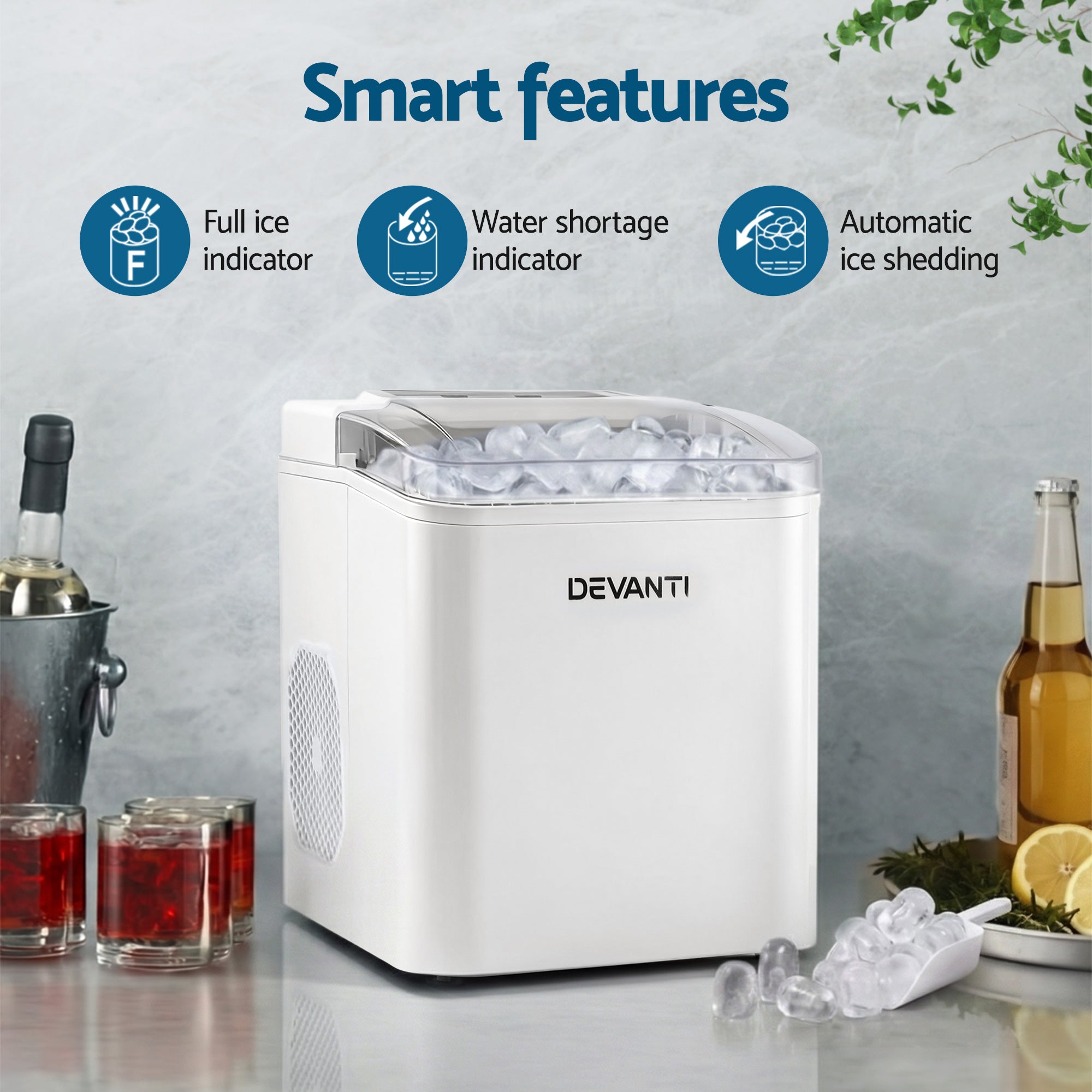 Devanti Portable Ice Maker – 12kg Daily Output, Self-Cleaning, White