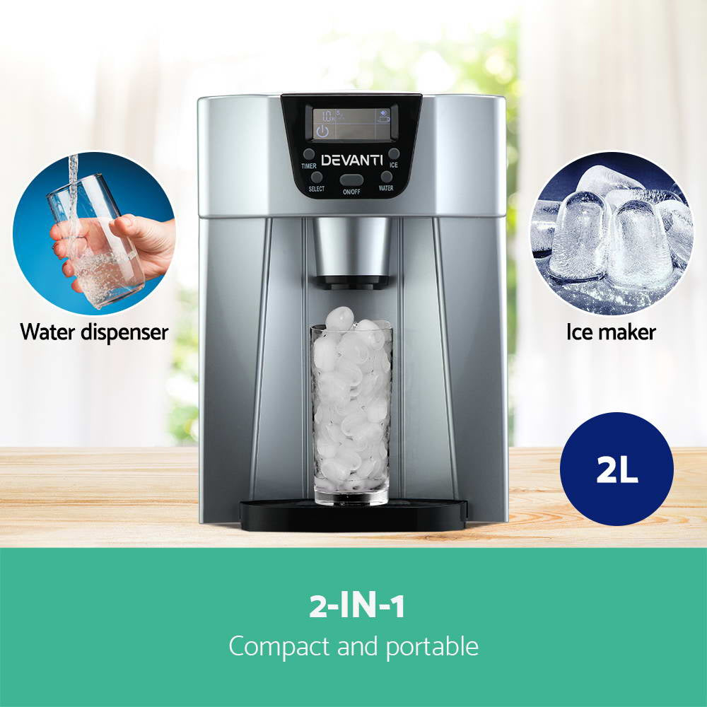 Devanti 2L Portable Ice Maker & Water Dispenser – 12kg Daily Output, Silver