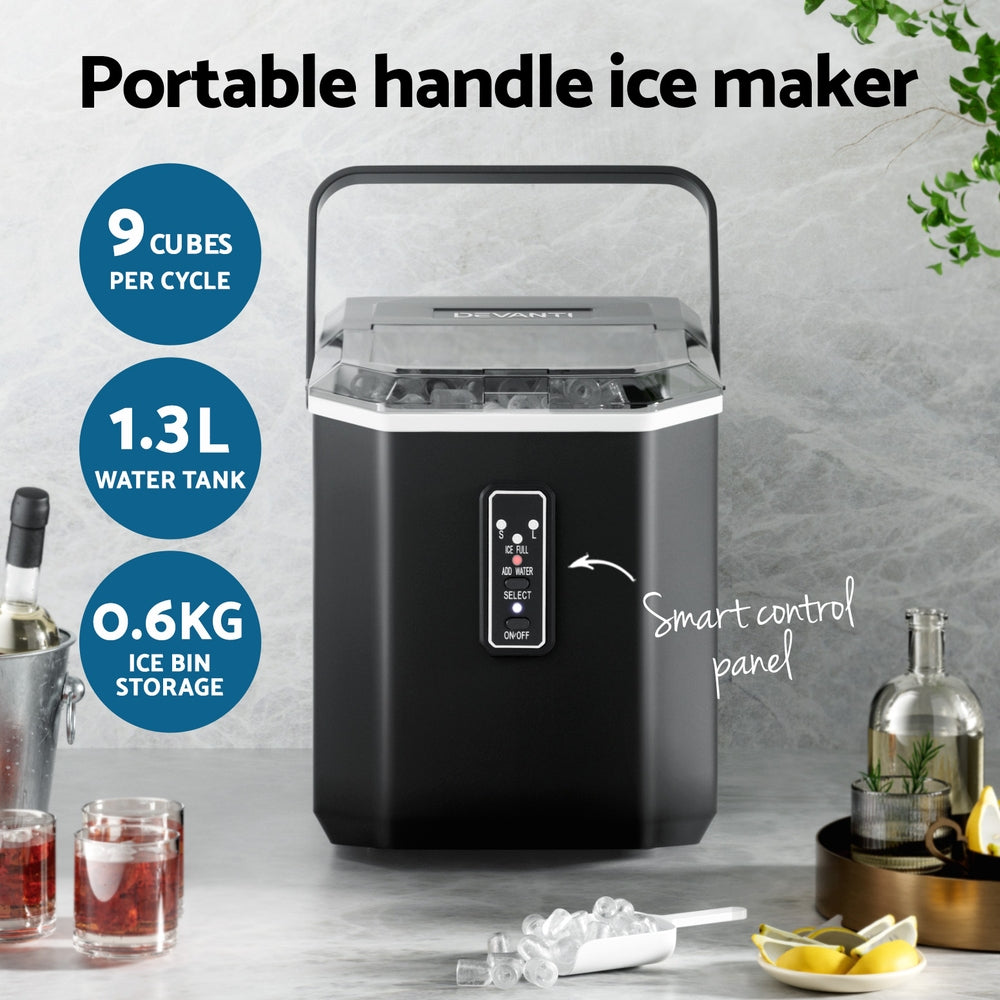 Devanti Portable Ice Maker – 12kg Daily Output, 1.3L Water Tank, Black