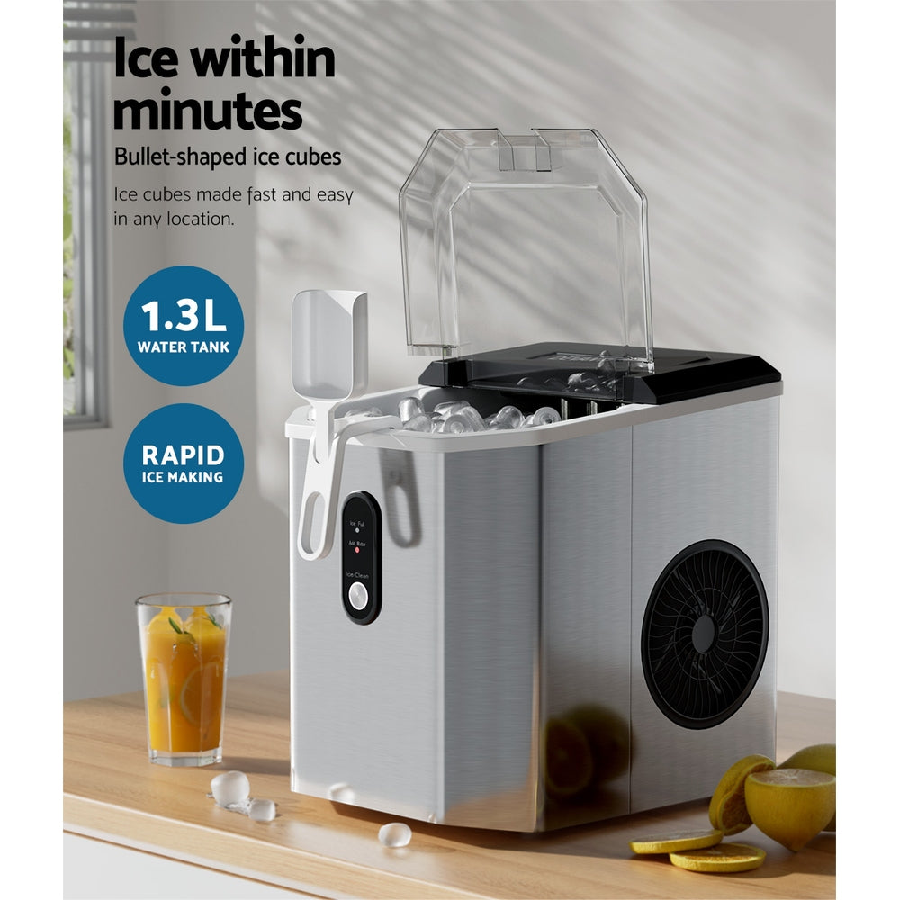 Devanti Portable Ice Maker – 12kg Daily Output, Stainless Steel