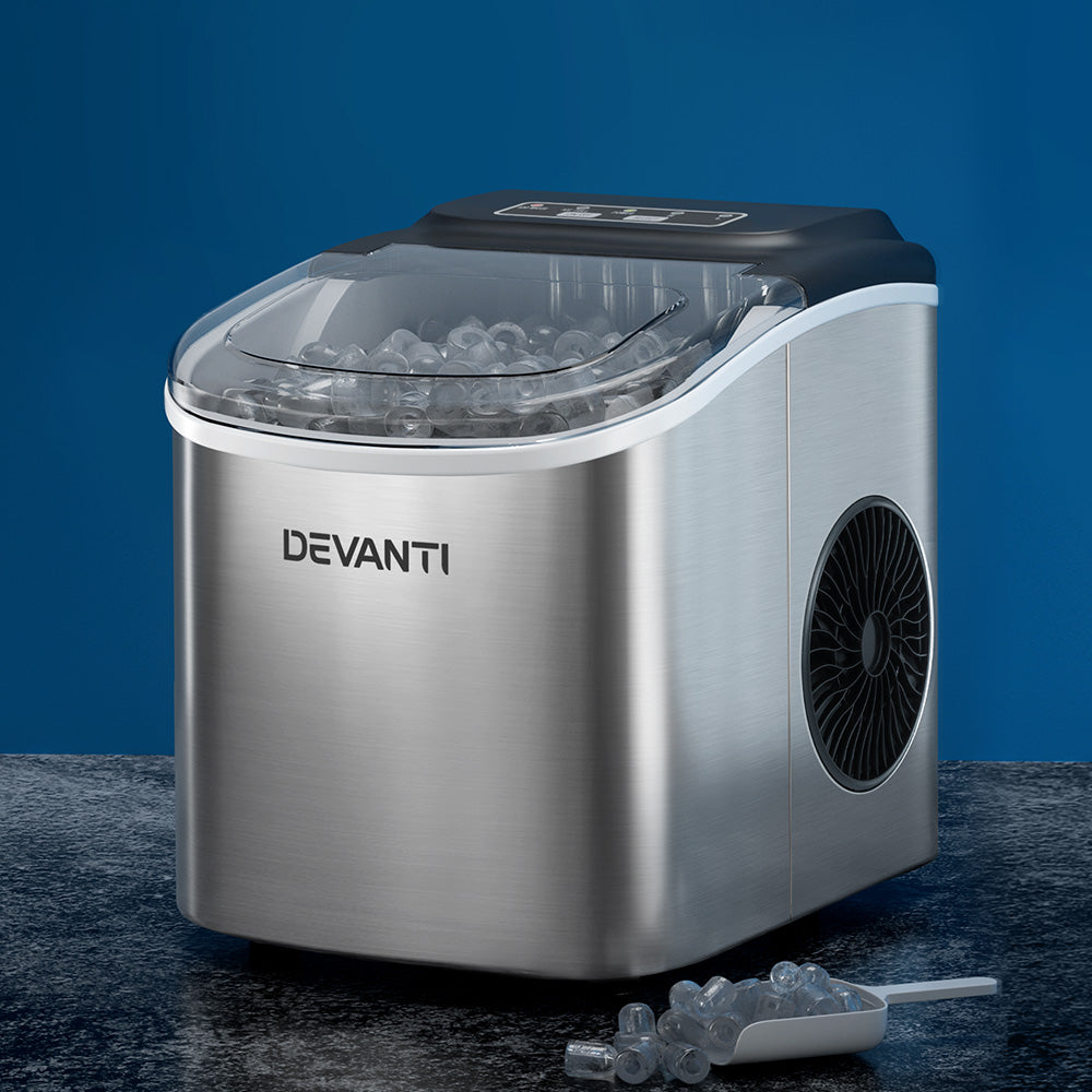 Devanti Portable Ice Maker – 12kg Daily Output, Stainless Steel, Silver