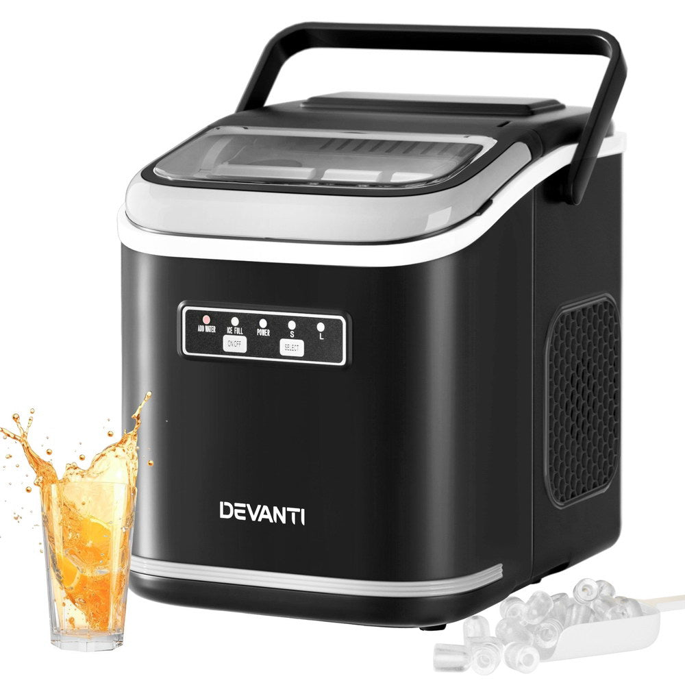 Devanti Portable Ice Maker – 12kg Daily Output, Self-Cleaning, Black