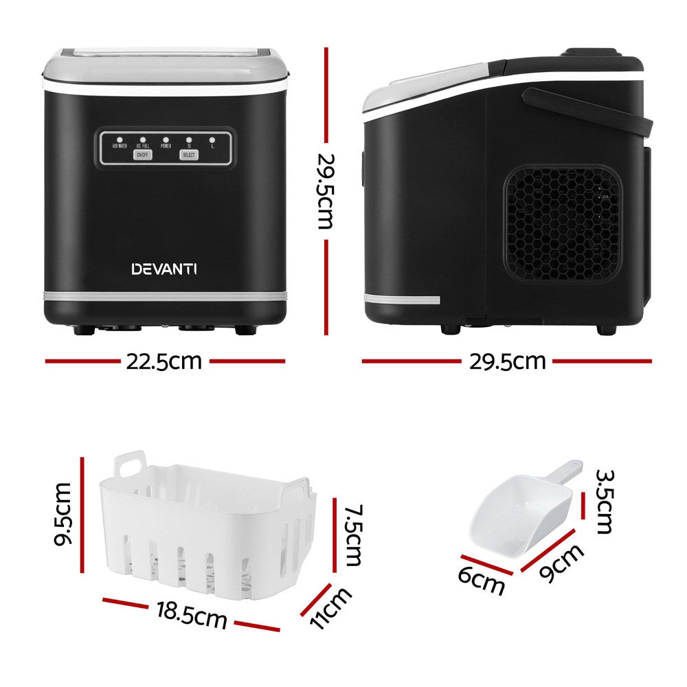 Devanti Portable Ice Maker – 12kg Daily Output, Self-Cleaning, Black