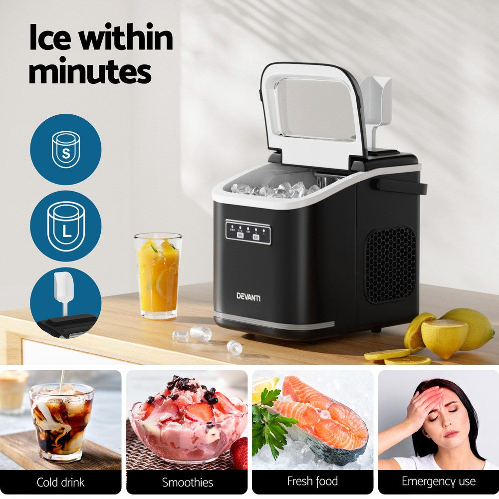 Devanti Portable Ice Maker – 12kg Daily Output, Self-Cleaning, Black