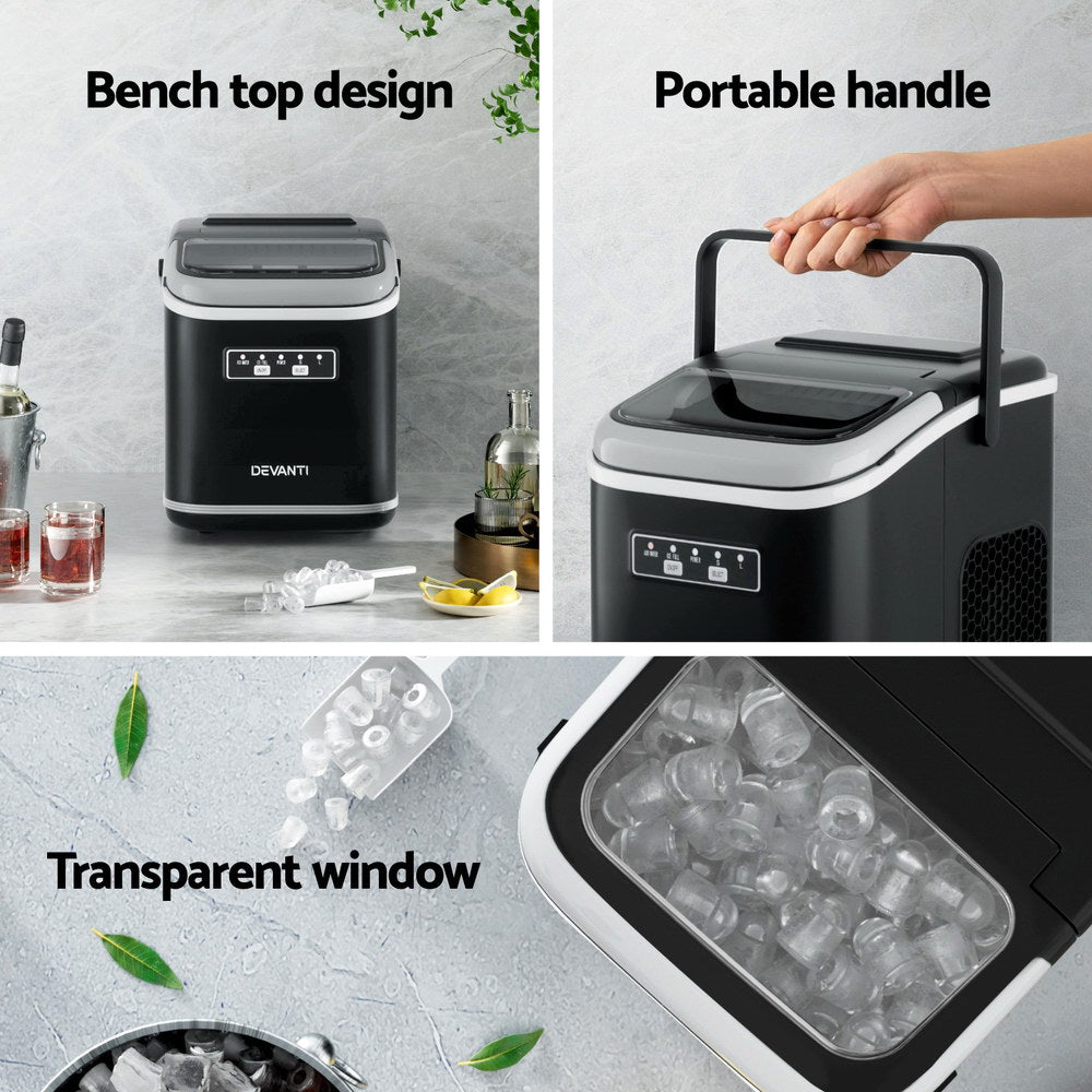 Devanti Portable Ice Maker – 12kg Daily Output, Self-Cleaning, Black