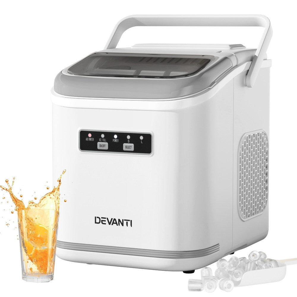 Devanti Portable Ice Maker – 12kg Daily Output, Self-Cleaning, White