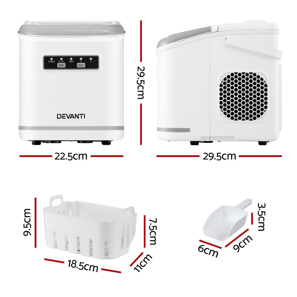 Devanti Portable Ice Maker – 12kg Daily Output, Self-Cleaning, White