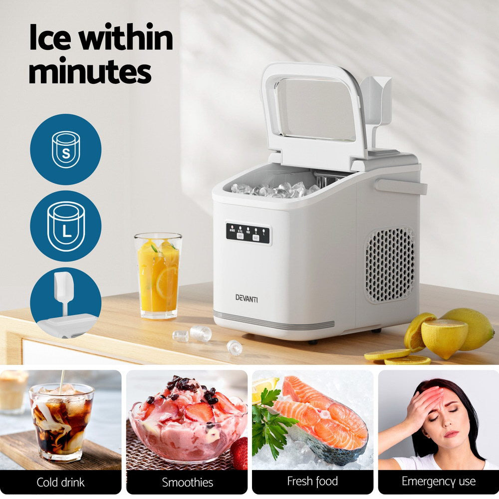 Devanti Portable Ice Maker – 12kg Daily Output, Self-Cleaning, White