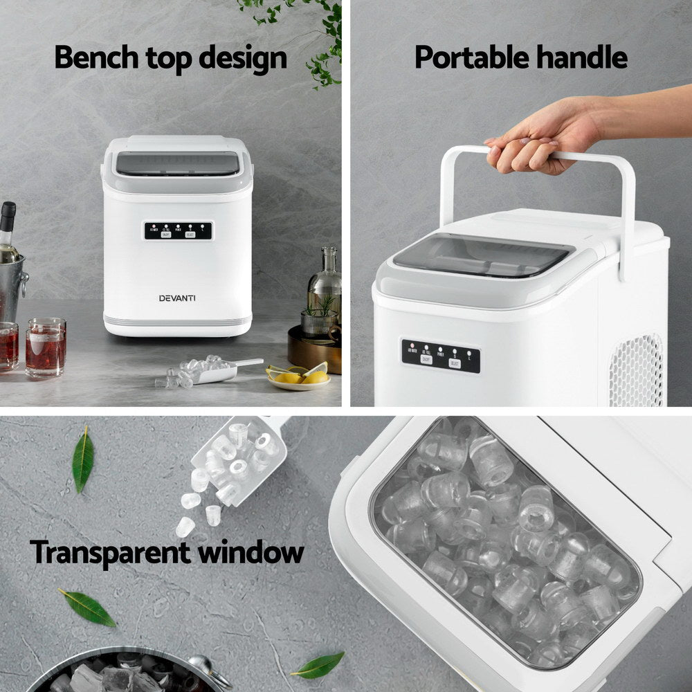 Devanti Portable Ice Maker – 12kg Daily Output, Self-Cleaning, White