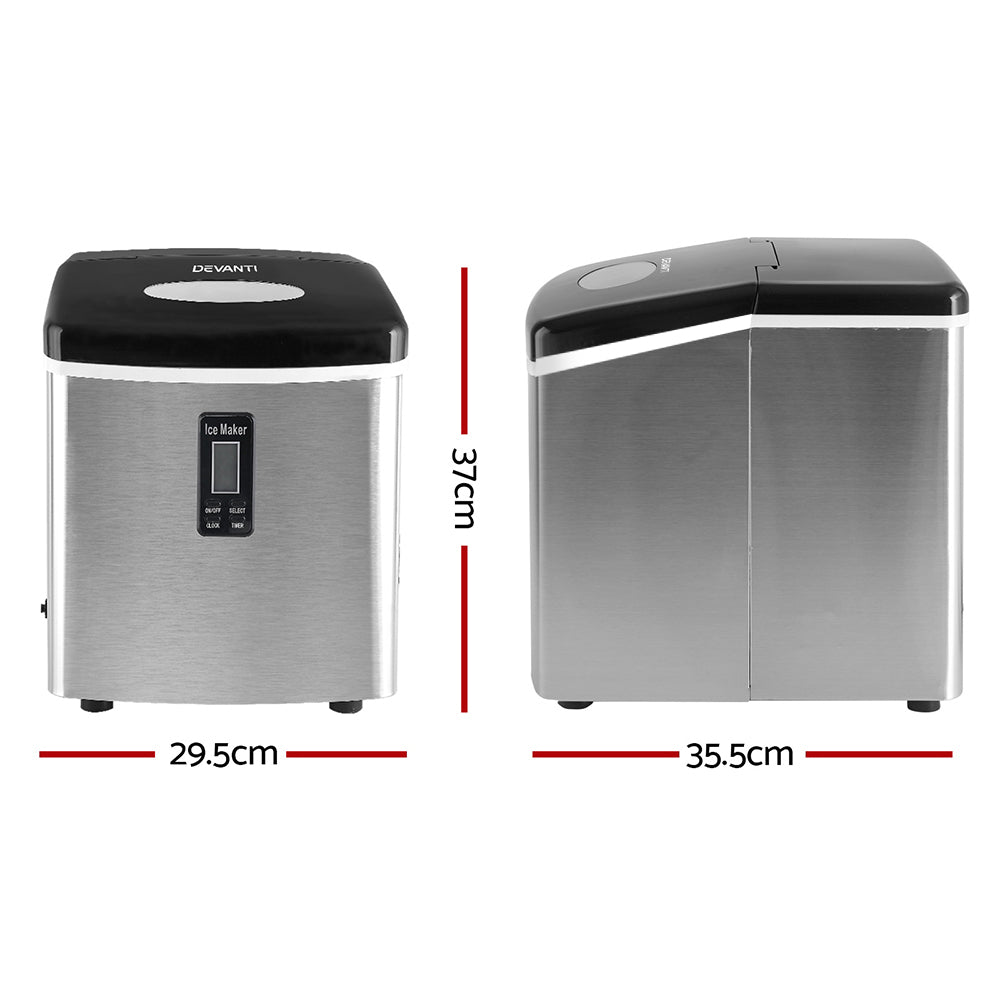 Devanti 15kg Portable Ice Maker – 3 Ice Sizes, Stainless Steel & Black