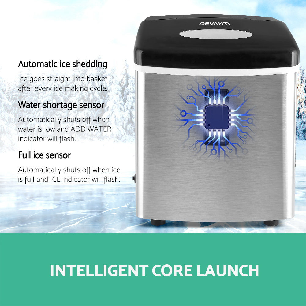 Devanti 15kg Portable Ice Maker – 3 Ice Sizes, Stainless Steel & Black