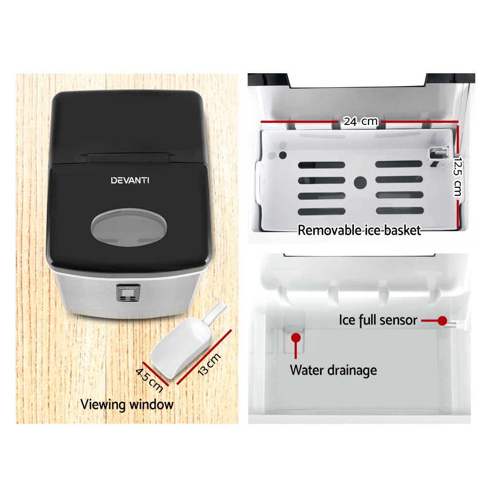 Devanti 15kg Portable Ice Maker – 3 Ice Sizes, Stainless Steel & Black