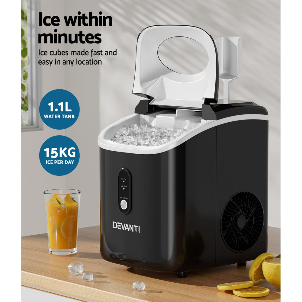 Devanti Nugget Ice Maker – 15kg Daily Output, Fast Ice, Black