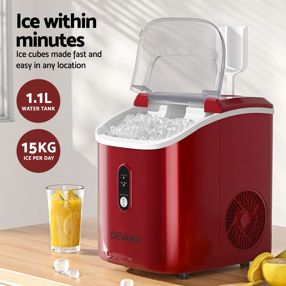 Devanti Nugget Ice Maker – 15kg Daily Output, Self-Cleaning, Red