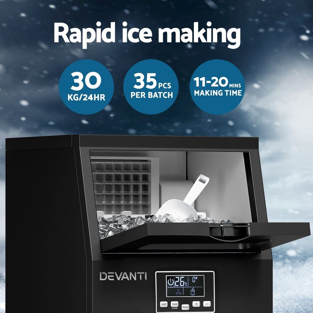 Devanti Commercial Ice Maker – 30kg Daily Output, Cubed Ice, Black