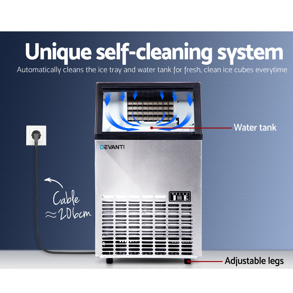Devanti Commercial Ice Maker – 60kg Ice Production, Stainless Steel