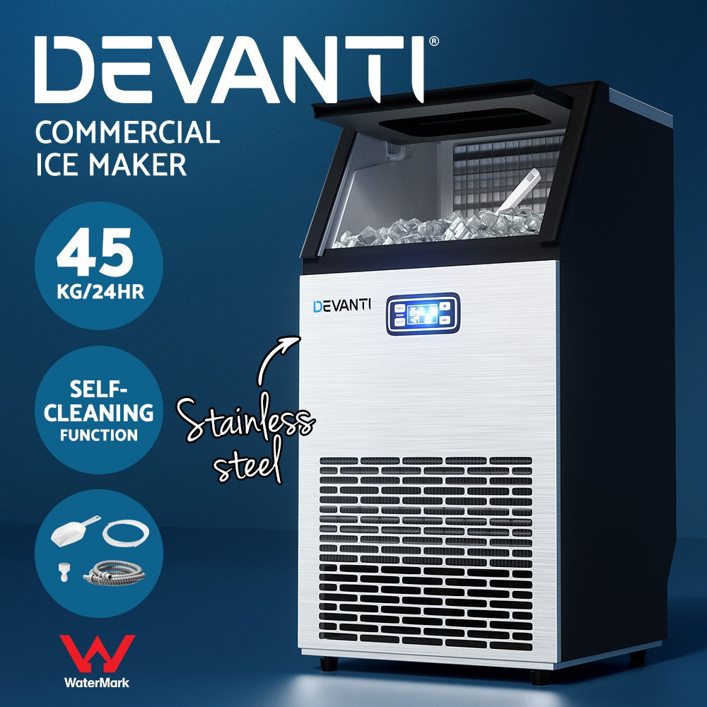 Devanti Commercial Ice Maker – 45kg Daily Output, Cubed Ice, Stainless Steel