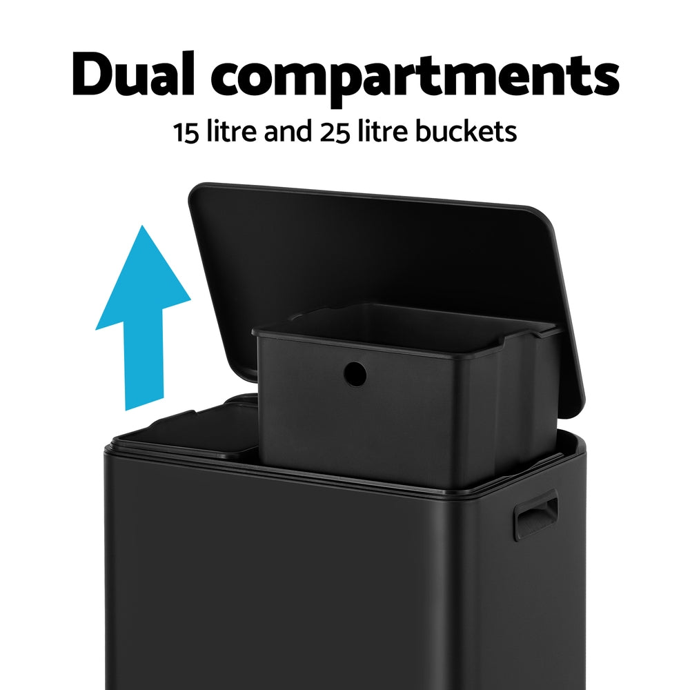 Cefito 40L Dual Compartment Pedal Bin Waste & Recycling Rubbish Bin Black