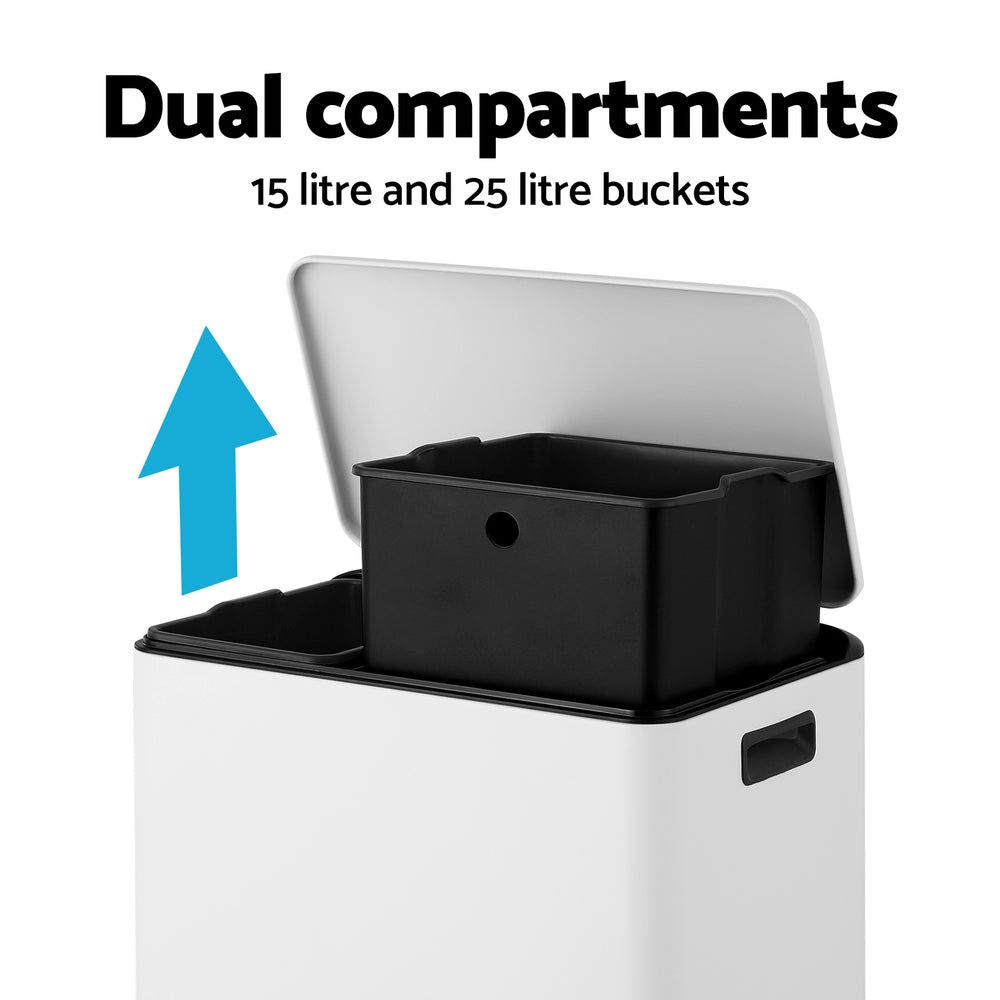Cefito 40L Dual Compartment Pedal Bin for Waste & Recycling – White