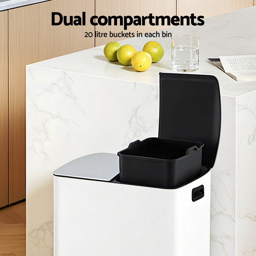 Cefito 40L Dual Compartment Pedal Bin Waste & Recycling Rubbish Bin White