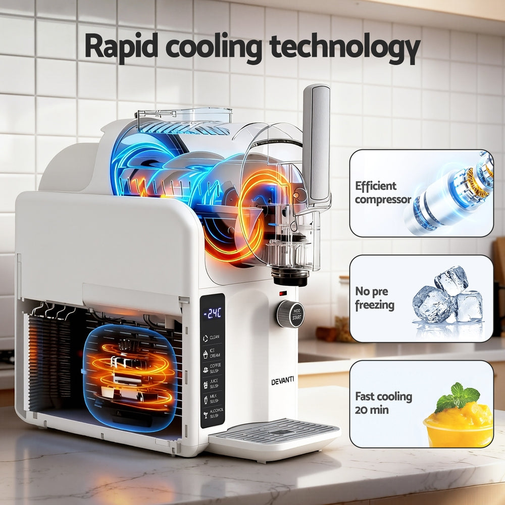 Devanti 5-in-1 Slushie & Ice Cream Maker – 2L Capacity, No Pre-Freezing, White